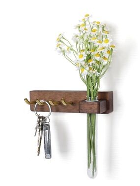 Key Holder Wall Mount with Planter Tube 4 Brass Key Hooks